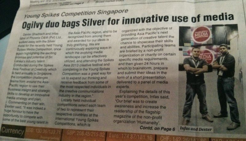 Newspaper clipping: Ogilvy duo bags Silver for innovative use of media, Young Spikes, Singapore
